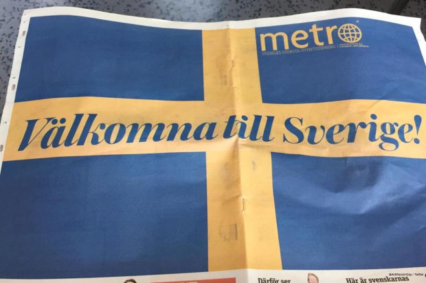 Refugee's welcome on the front page of free newspaper Metro in Sweden